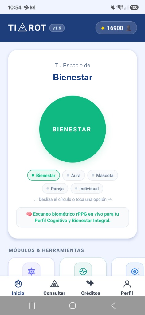 Pantalla de inicio y modos en App Móvil TIAROT v1.9